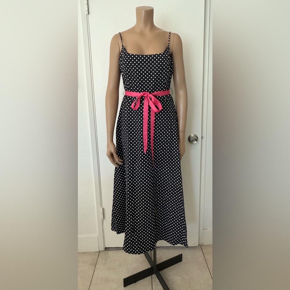 Jessica Howard Black and White Polka Dot Maxi Dress with Pink Belt